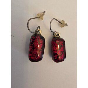 Handcrafted Red & Black Dichroic Glass Earrings With Silver Hooks